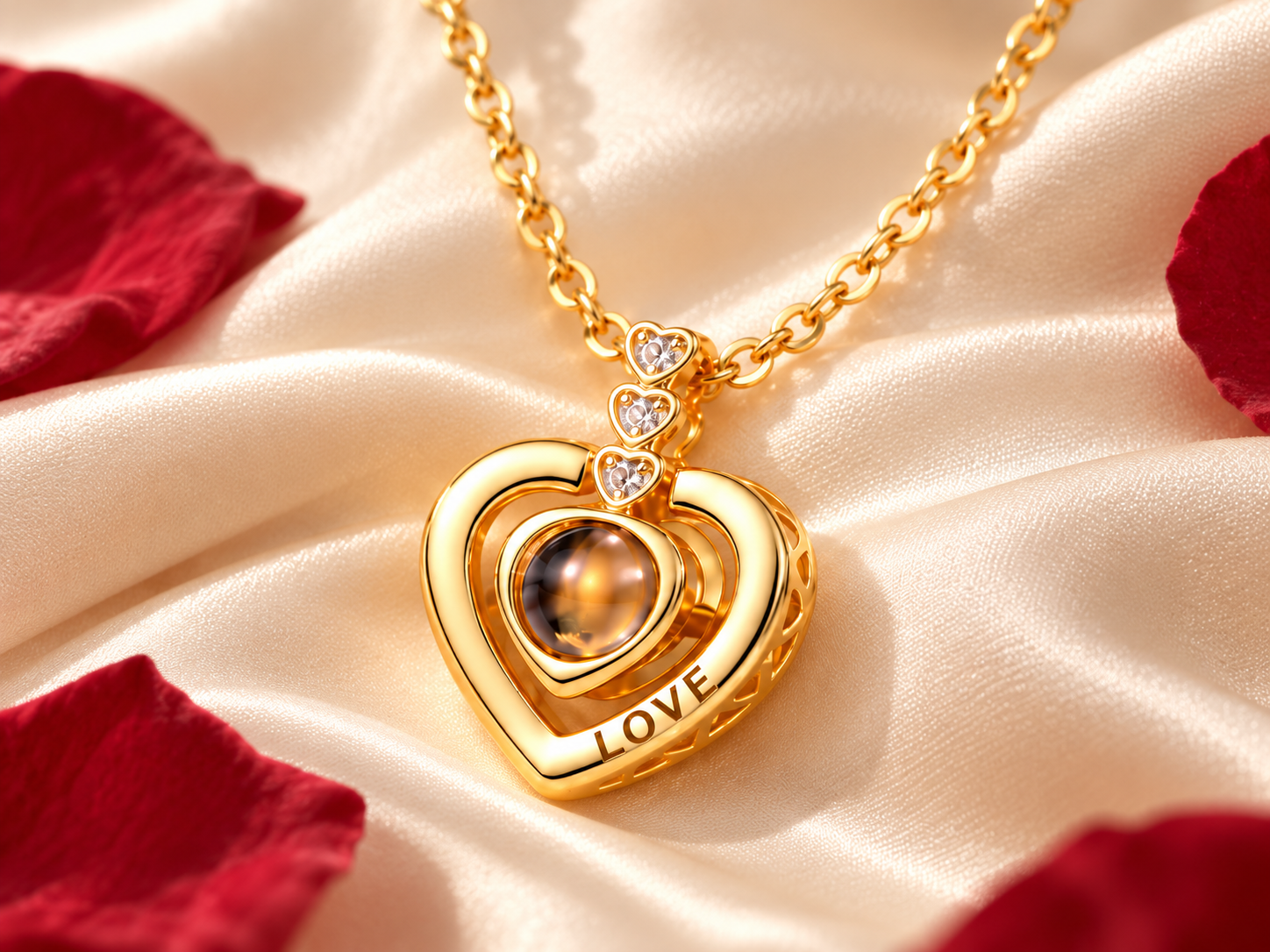 Collar dorado con dije de corazón LOVE y lente central